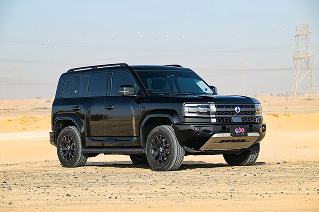 Side profile of a rugged black Denza B5 luxury off-road hybrid SUV parked on desert sand under open skies.