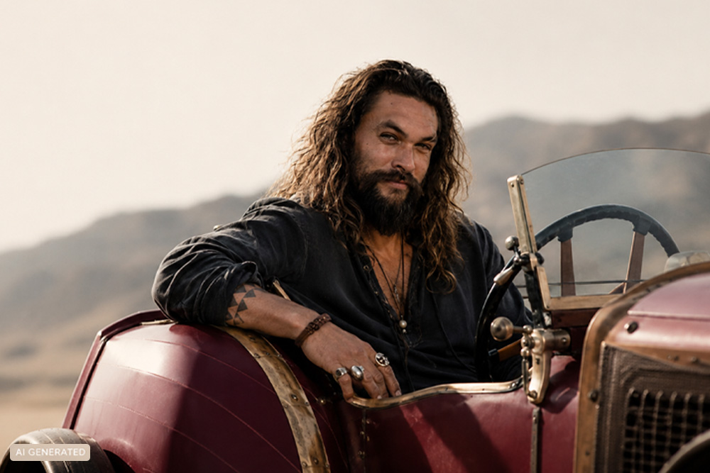 Portrait of actor Jason Momoa sitting behind the wheel of a classic vintage red open-top car.