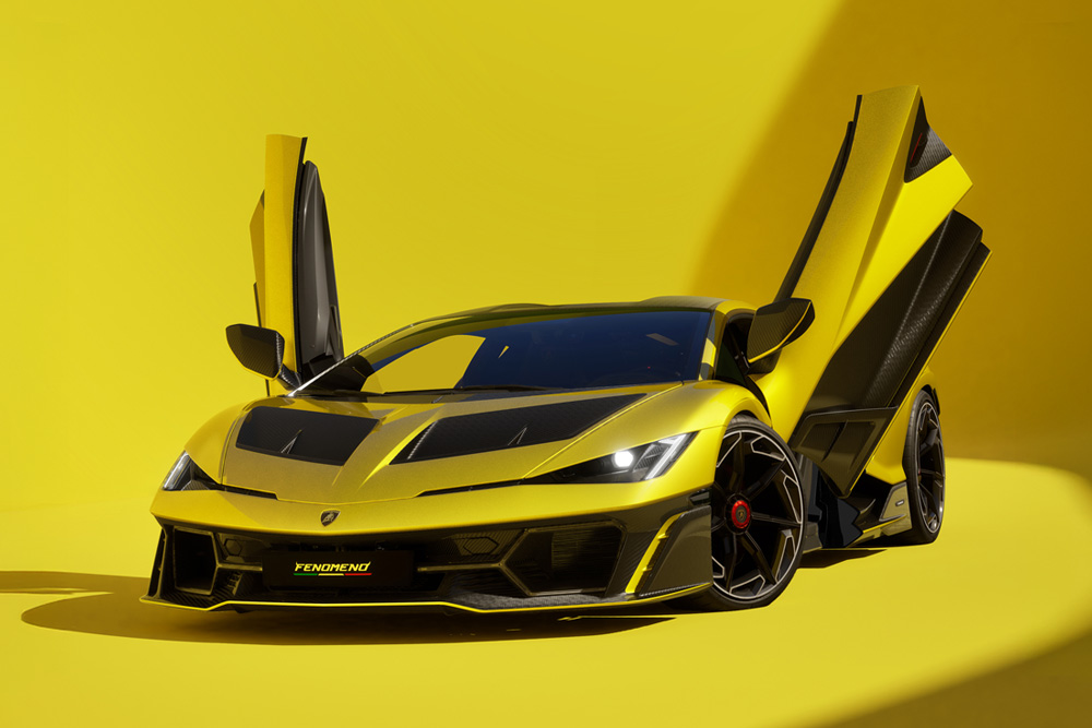 Yellow Lamborghini Fenomeno hypercar with scissor doors open, highlighting aggressive styling and exotic performance design