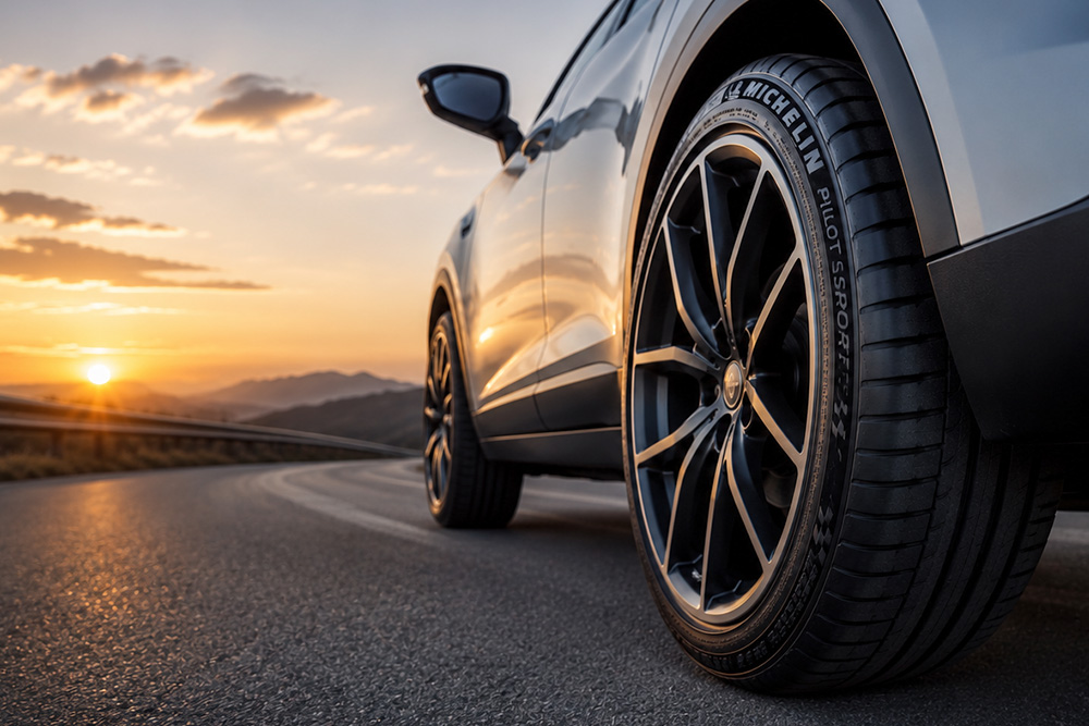 Close-up of Michelin performance tire mounted on a luxury SUV, showcasing tread design and road grip during sunset driving