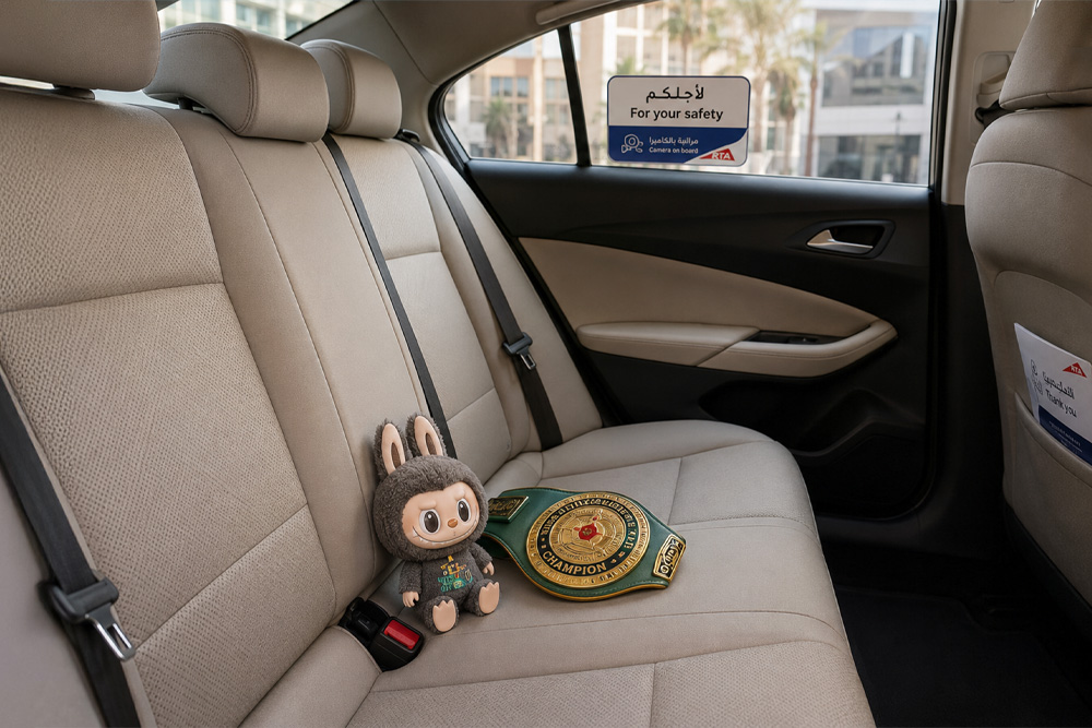 A plush toy and a gold championship belt sit on the beige backseat of a car. A window sign reads "For your safety." The scene feels calm and whimsical.