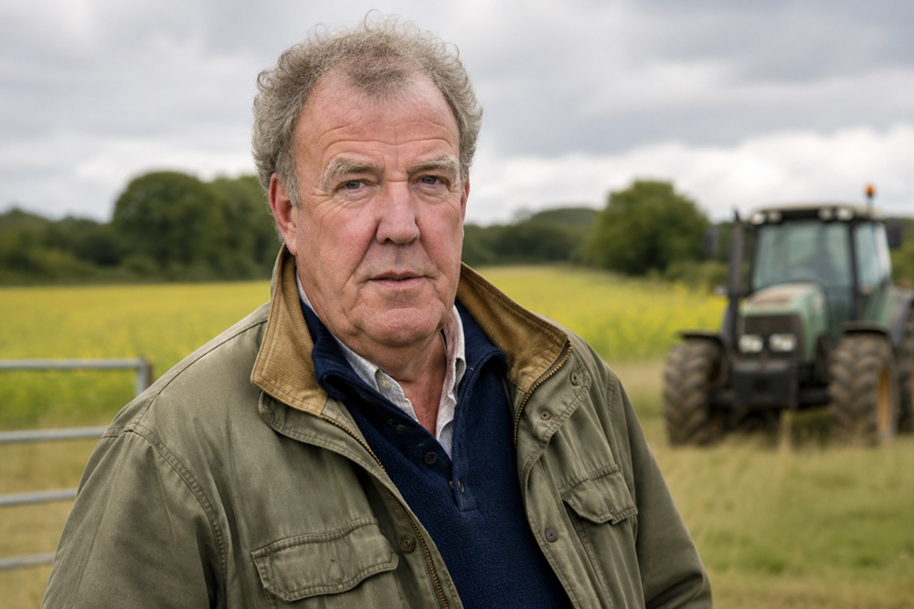 Close-up portrait of television host Jeremy Clarkson standing in a grassy field with a green tractor.