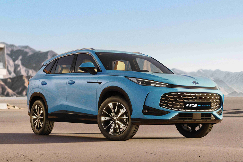 Side profile view of a light blue BYD Denza N7 electric crossover SUV parked in a desert valley.