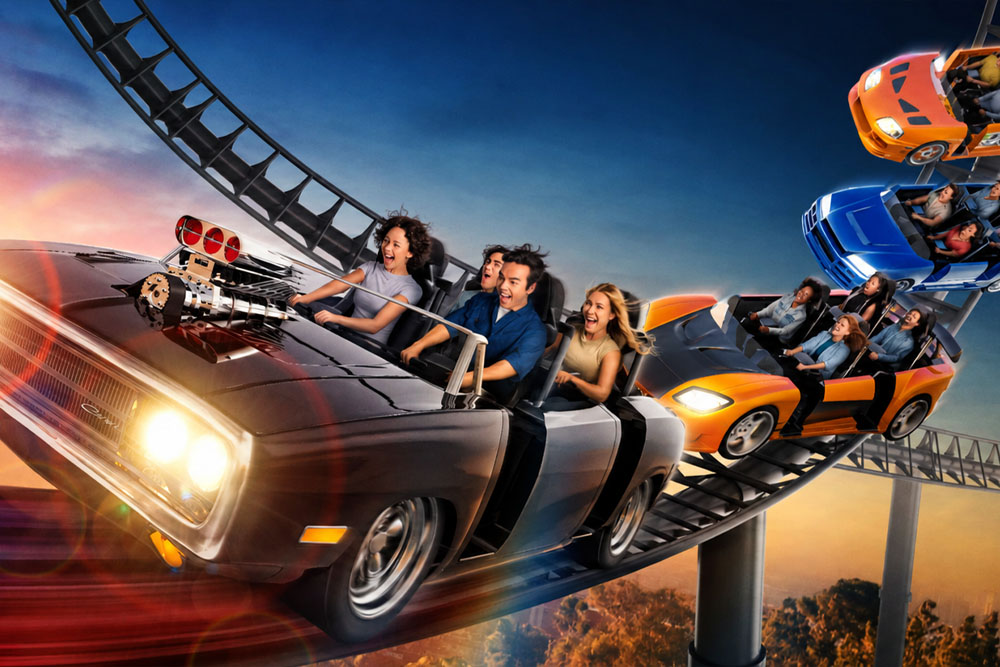 Illustration of people riding a high-speed automotive-themed roller coaster