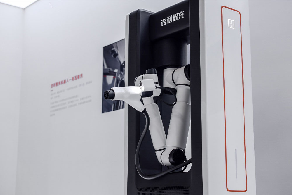 Automated robotic EV charging dispenser unit featuring an articulated arm on display