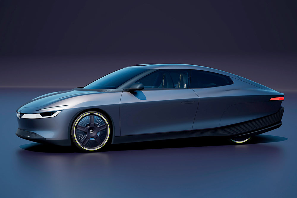 Side profile studio render of an aerodynamic streamlined Volkswagen electric concept sedan with aero-disc wheels